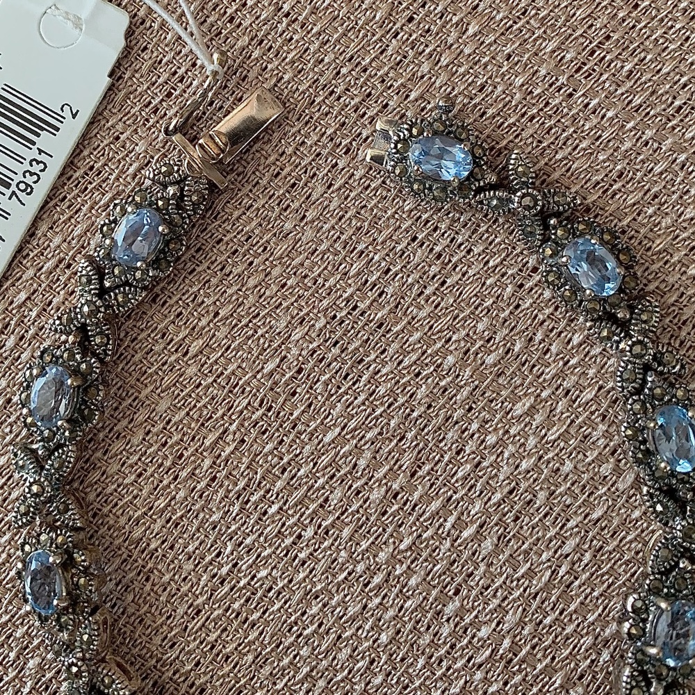 Vtg Stg Silver Aquamarine & Marcasite Bracelet - Picture 4 of 9